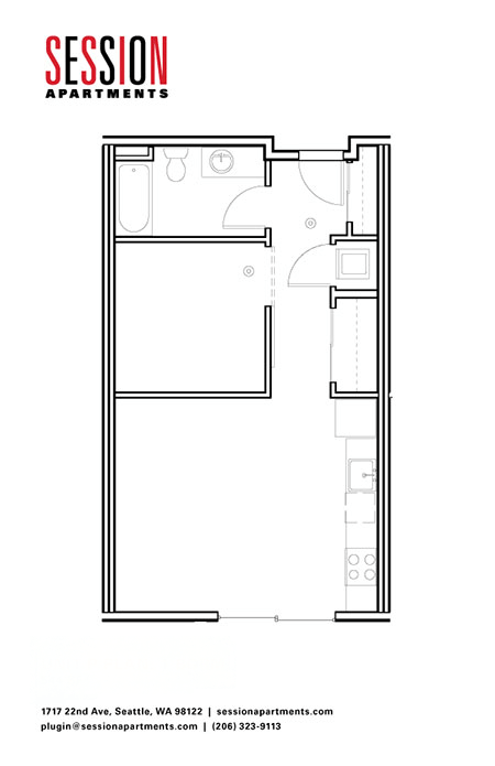A black and white image of a floor plan for Session Apartments.